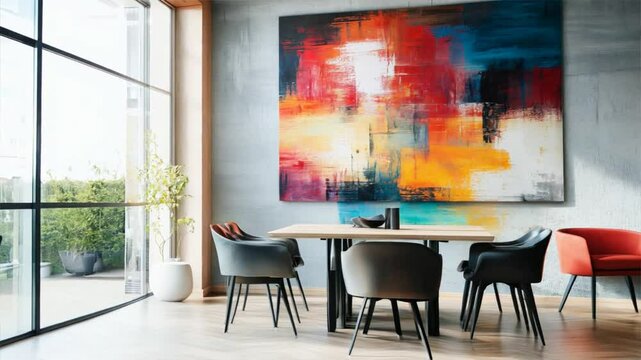 Modern dining area with abstract art, wooden cabinets, and comfortable chairs. Natural light from large windows creates a cozy atmosphere.