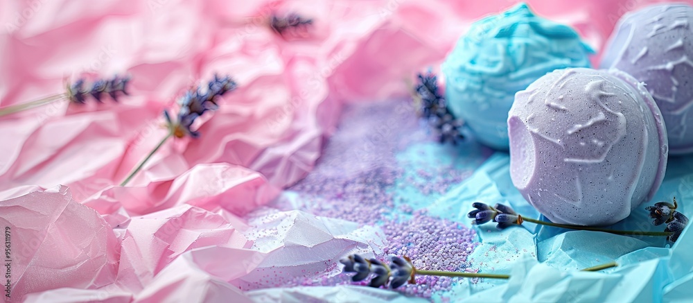 Poster colorful background with lavender bath bomb and crumpled paper ideal for copy space image