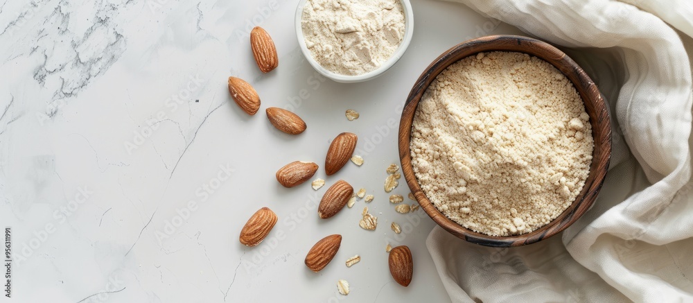 Leinwandbilder top view of almond flour in a bowl and nuts on a white marble table with copy space image available