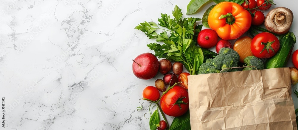 Aufkleber fresh fruits and vegetables in a paper bag showcased on a white marble backdrop in a flat lay style 