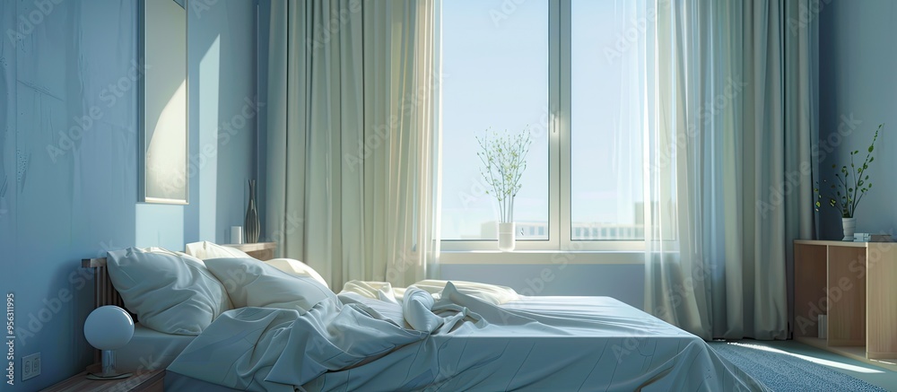 Poster Bedroom with a spacious bed furniture and a window with curtains suitable for adding text Perfect interior design with copy space image