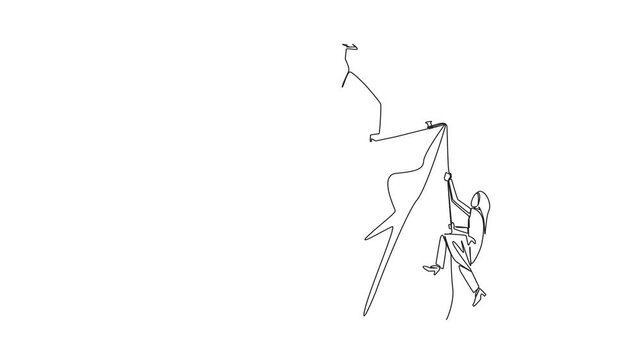 Animated self drawing of single continuous line drawing Arabian businesswoman climbs cliff with rope. Almost successful. Rudely dropped by a business friend. Full length single line animation