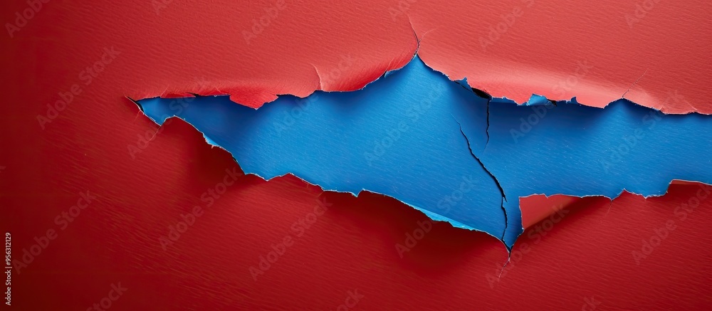 Poster copy space image of torn blue paper against red backdrop