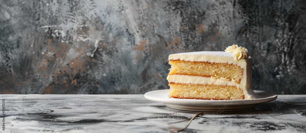 Poster A lemon cake with sugary icing is elegantly presented on a white plate against a textured stone backdrop offering ample copy space for additional elements