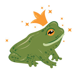 Funny frog princess for sticker. Frog with crown and stars. Vector green cute toad. For card, t-shirt, applique
