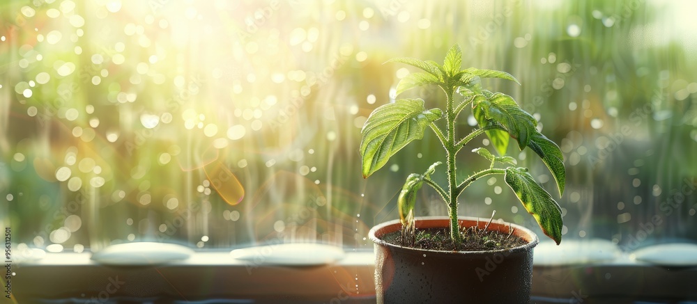 Poster Tomato seedling sprouting in a pot on a windowsill with copy space image