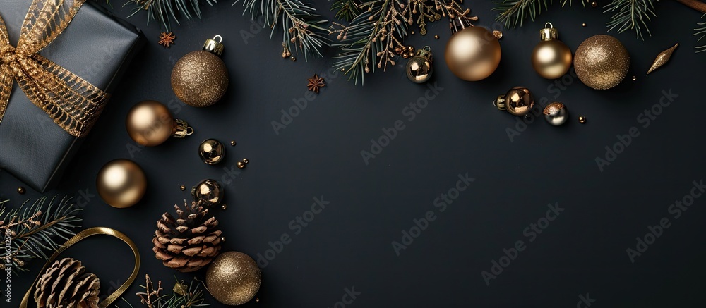 Poster elegant christmas table arrangement featuring gold and black decor a present and pine branch on a fl