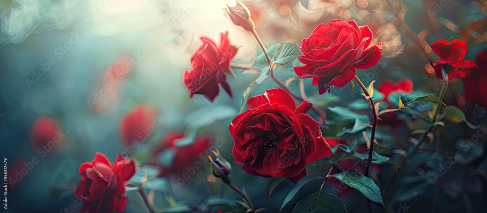 Poster close up of red roses on a bush in the garden creating a stunning copy space image representing natu