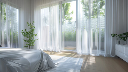 a minimalist bedroom with large windows and sheer white curtains