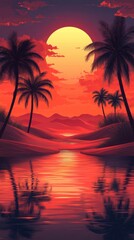 Giant moon rising over a tropical beach with palm trees reflecting in water at sunset