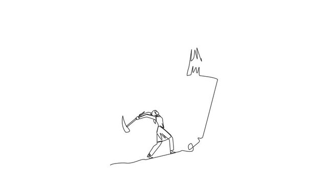 Animated self drawing of single one line drawing Arab businesswoman standing on a cliff lifting a star. Envious friend, eating away at success from inside to fall. Full length single line animation