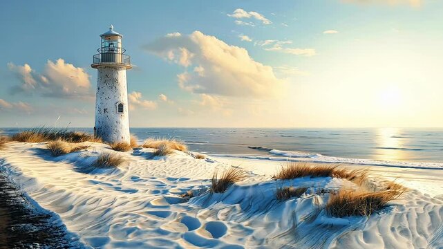 Lonely lighthouse on a sandy beach during sunset with calm ocean waves