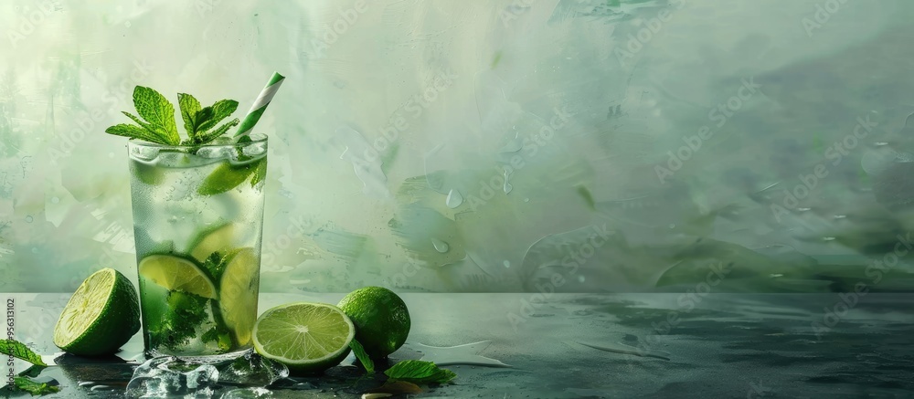 Poster Fresh Mojito cocktails garnished with lime and mint placed on a grey table with ample copy space image