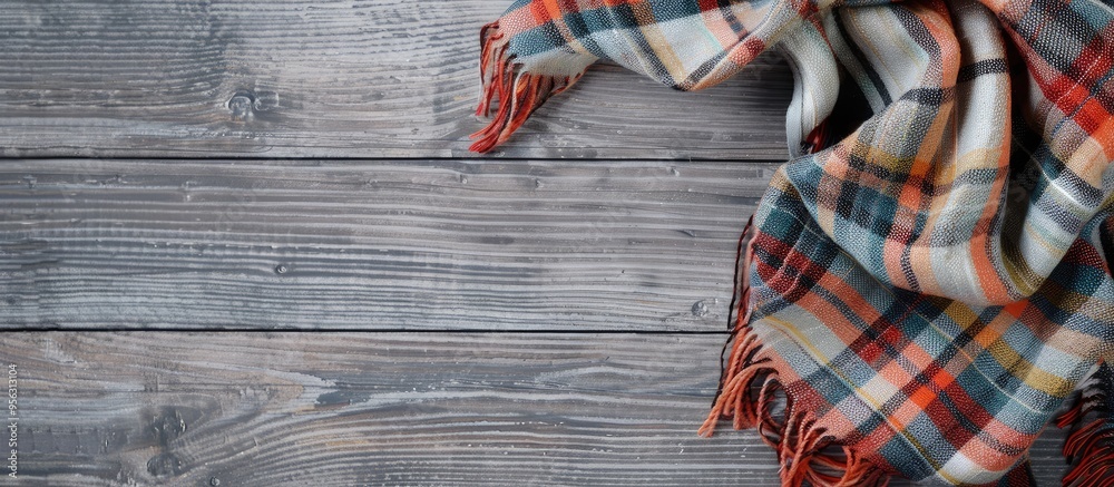 Poster checkered scarf on wood surface with gray background ample copy space image