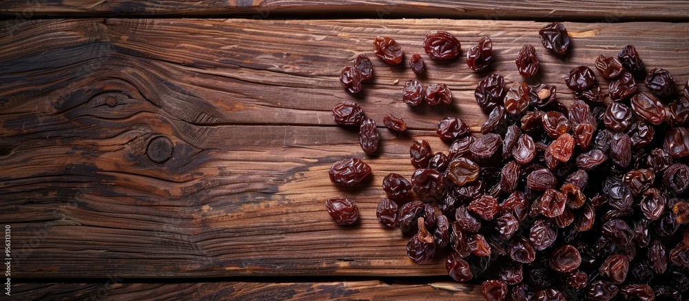 Aufkleber Top view of raisins on a wooden table ideal for text placement in the image Raisins are a nutritious snack option. Creative banner. Copyspace image