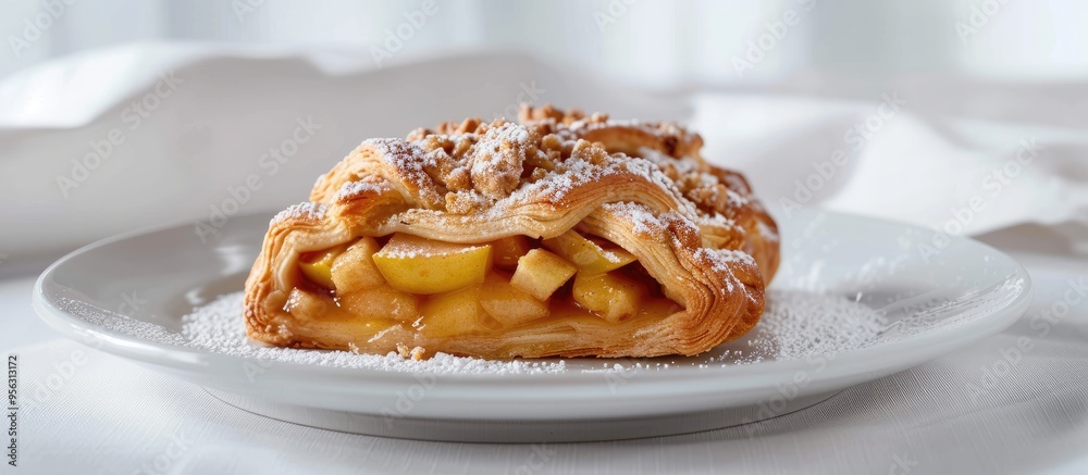 Poster a white plate holds an apple pie danish featuring apple filling powdered sugar crumble and set again
