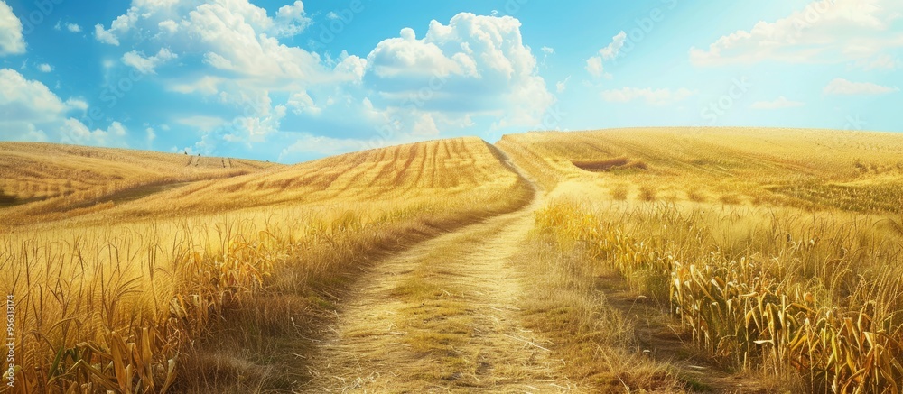Poster a scenic rural landscape with a trail through a golden field stretching towards the horizon framed b