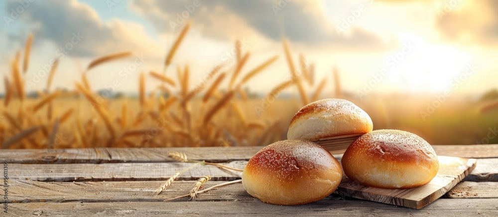 Poster wooden table displaying freshly baked buns with a blurred backdrop of a wheat field in summer provid