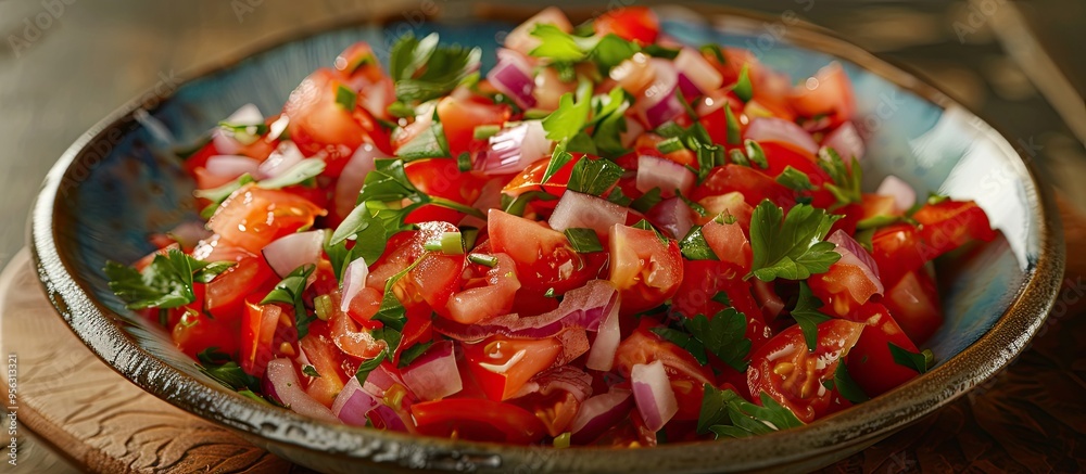Poster chopped tomato salad with onion in a vinaigrette dressing presented in a refreshing vibrant dish for