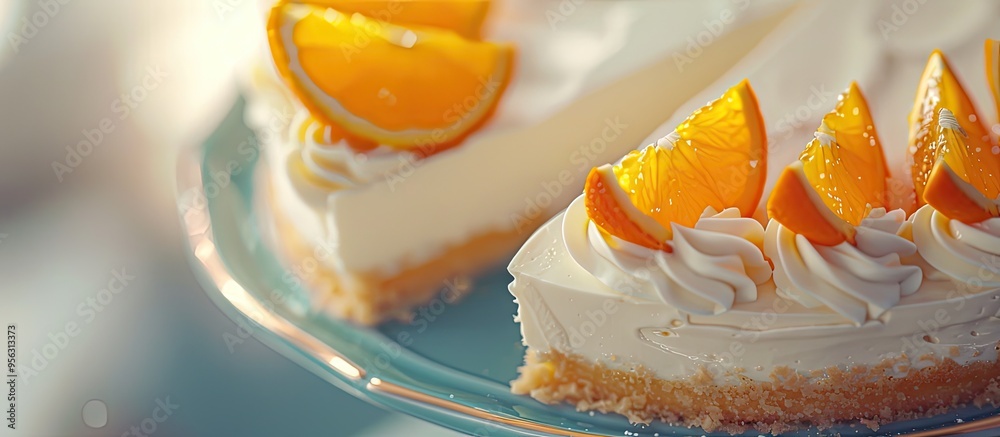 Poster detailed closeup image of a sliced orange dessert with ripe orange fruit garnish with copy space ima