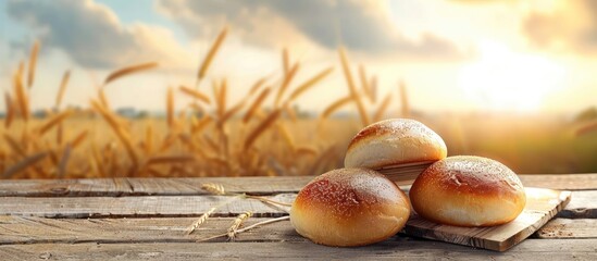 Fototapeta premium Wooden table displaying freshly baked buns with a blurred backdrop of a wheat field in summer providing copy space for food and drink products in the image