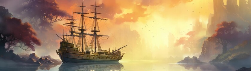 Fototapeta premium Abandoned pirate ship, glowing with cursed gold, eerie fog, Watercolor style