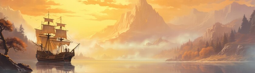 Abandoned pirate ship, glowing with cursed gold, eerie fog, Watercolor style