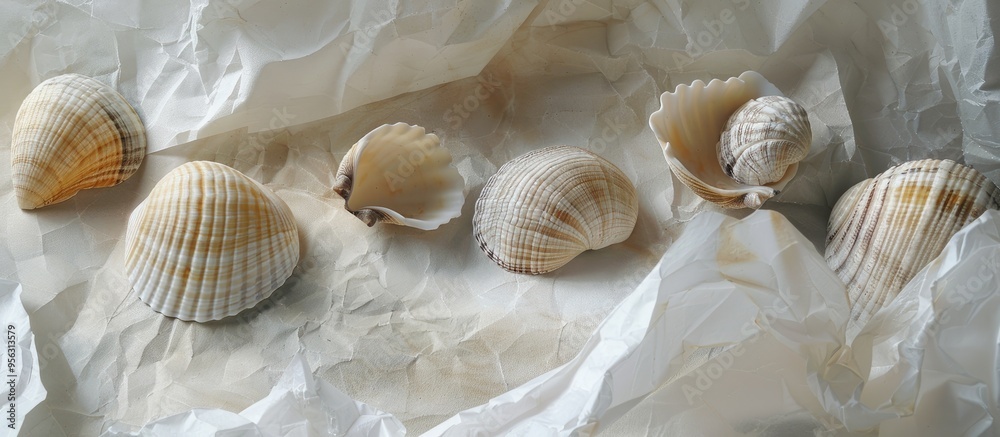 Leinwandbilder beige and gray shells rest on white paper with a natural backdrop for a copy space image