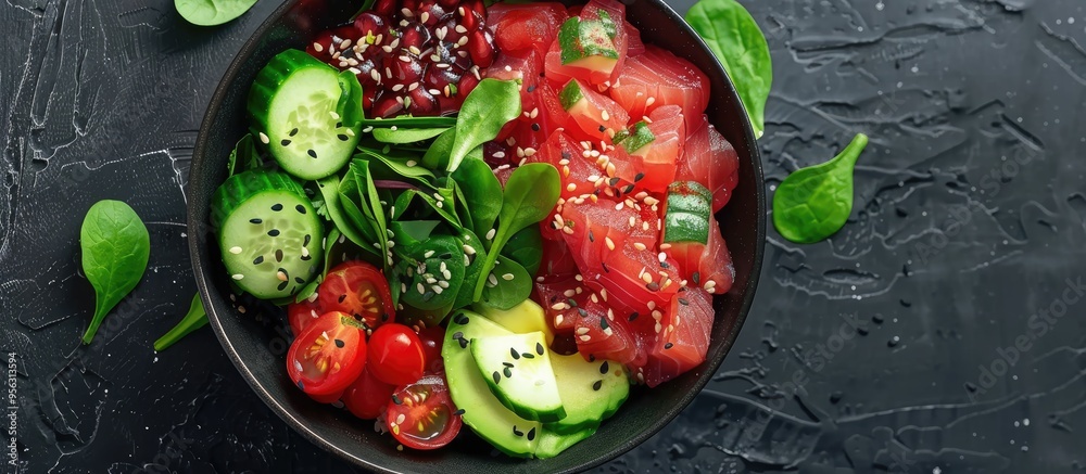 Poster poke bowl featuring red fish avocado spinach cucumber and cherry tomatoes against a plain background