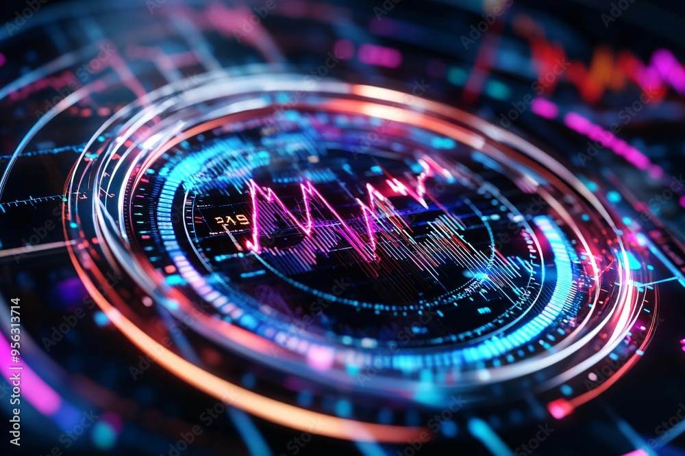 Poster futuristic data visualization with vibrant colors displaying analytical graphs in a digital environm