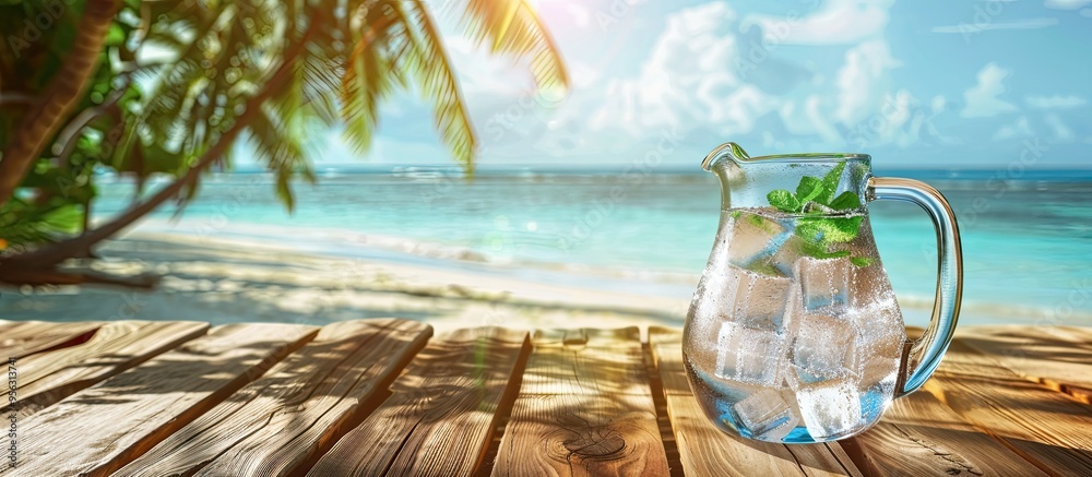 Aufkleber wooden table top with a tropical beach backdrop featuring a large water jug filled with ice ideal fo
