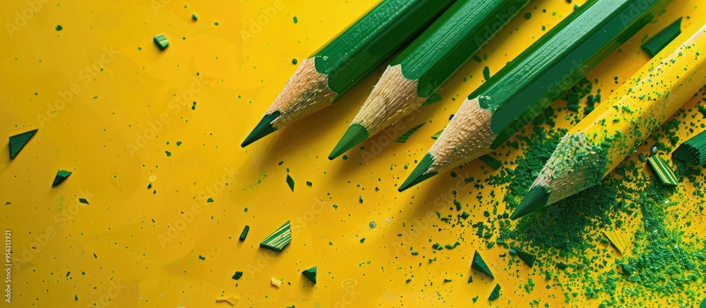 Poster close up of green pencils and shavings on a yellow background with copy space image