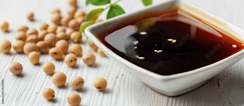 Poster A white background showcasing soy sauce and soybeans with copy space image