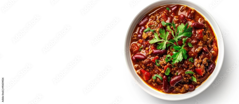 Poster top view of a ceramic bowl with chili con carne on a white backdrop providing ample copy space image