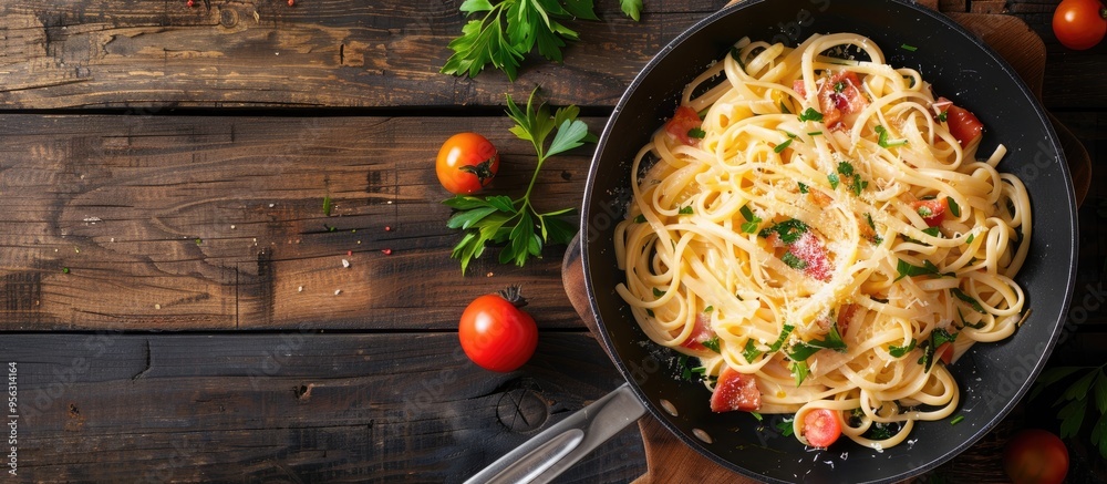 Aufkleber wooden background featuring a scrumptious pasta carbonara in a frying pan with ample space for furth