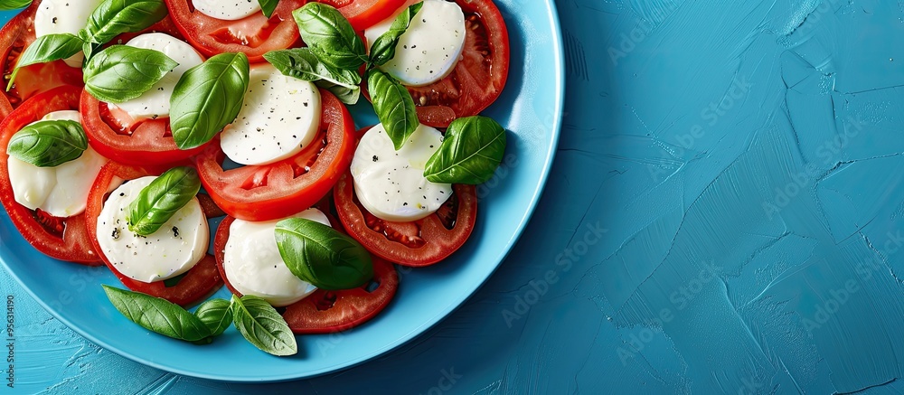 Poster Top down view of a Caprese salad served on a blue plate resembling the colors of the Italian flag with a blank space for a photograph. Creative banner. Copyspace image