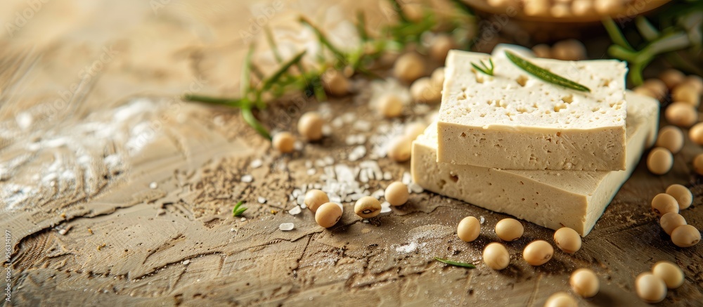 Poster Appealing combination of tofu soybeans and rosemary displayed on a textured table ideal for a banner with copy space image