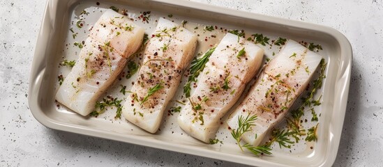 Top view of uncooked raw cod loin fillet steaks seasoned with herbs in a kitchen tray against a gray background with ample copy space image