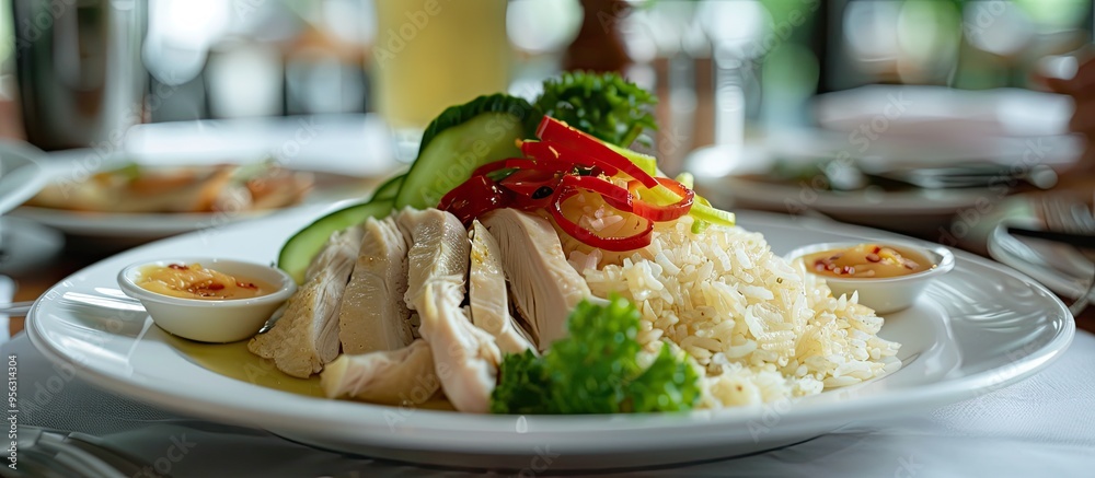 Poster plate with chicken rice in a restaurant showing empty copy space image