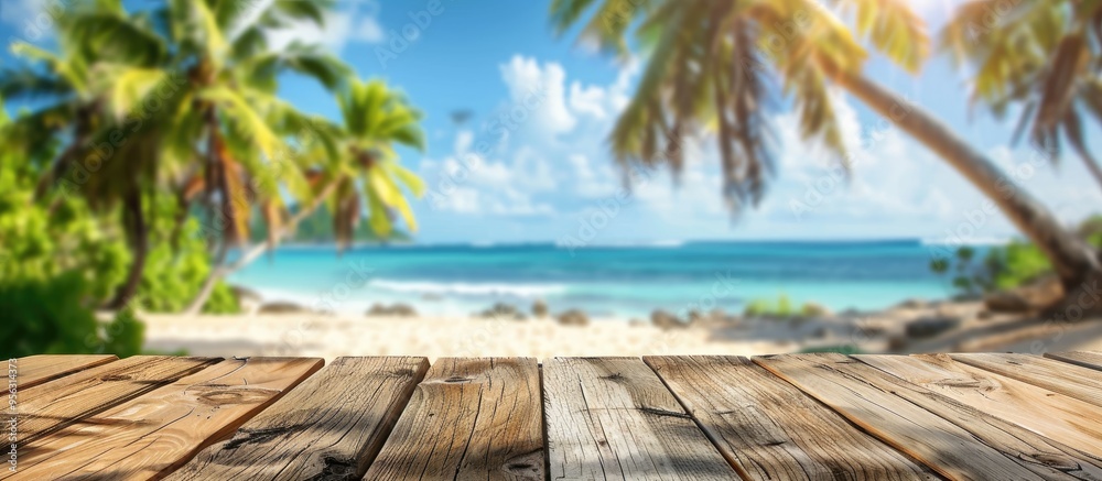 Sticker Empty wooden table in foreground against a blurry tropical beach backdrop with coconut palms ideal for showcasing summer products in a copy space image