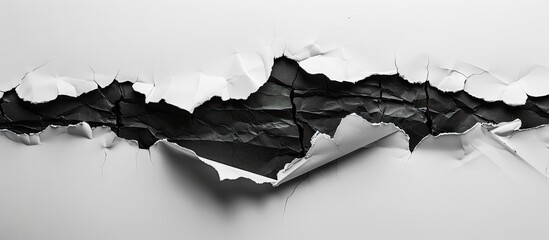Black torn paper contrasted against a white backdrop suitable for incorporating text or images in the open area. Creative banner. Copyspace image