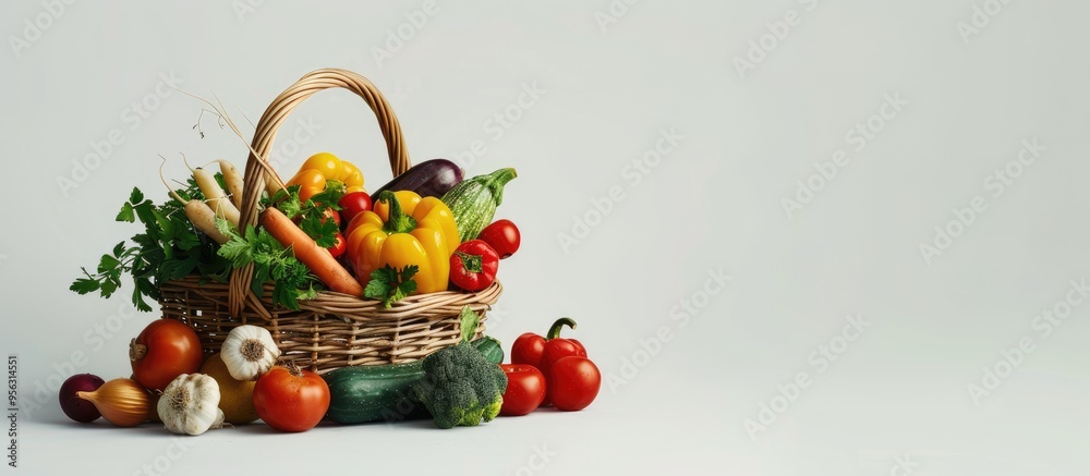 Poster basket filled with a variety of fresh vegetables creating a vibrant display against a white backgrou