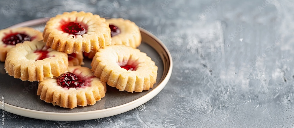 Poster Plate with Kurabye shortbread cookies filled with berry jam on a gray concrete backdrop with ample copy space image Delightful dessert presentation
