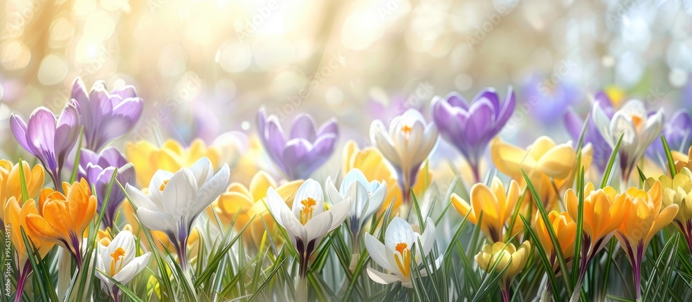Poster Crocuses blooming in the garden a banner featuring yellow white violet and purple spring flowers with space for text creating a versatile image for cards posters or backgrounds. Creative banner