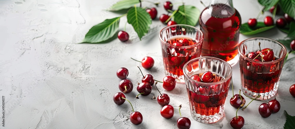 Poster cherry liqueur in glasses and a bottle with fresh berries on a light grey table ready for a caption 