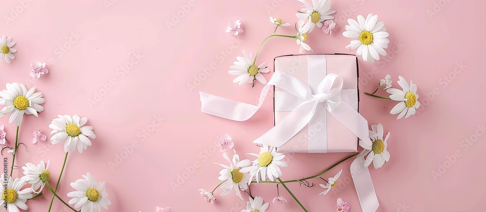 Aufkleber top view of a gift box with a white ribbon adorned with chamomile flowers against a pink pastel back