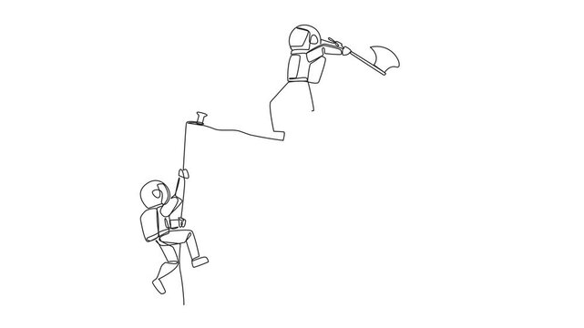 Self drawing animation of single continuous line drawing the young astronaut climbs cliff with rope. Almost successful. Rudely dropped by a business friend. The worst teamwork. Full length animated