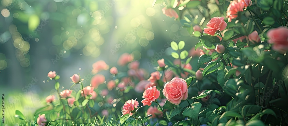 Leinwandbilder summer garden with delicate pink roses blooming showcasing a charming and fragile display with copy 