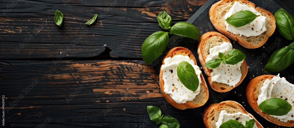 Poster A black wooden table adorned with slices of bread topped with cream cheese and basil offering a vacant area for text in the composition. Creative banner. Copyspace image