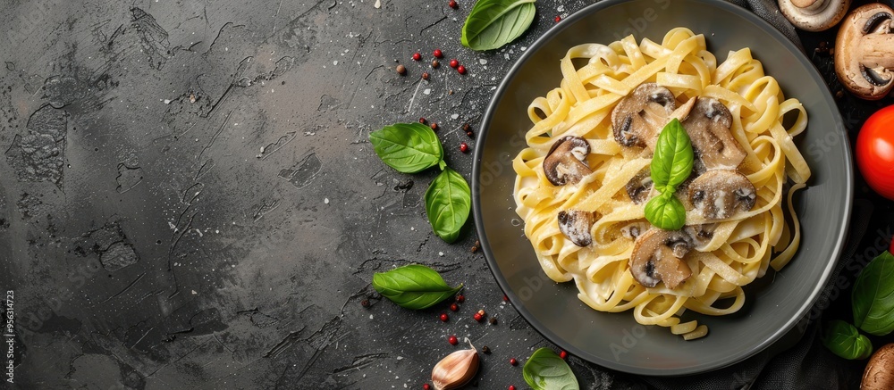 Poster top down view of homemade italian pasta with champignon mushrooms and cream sauce on a rustic dark b